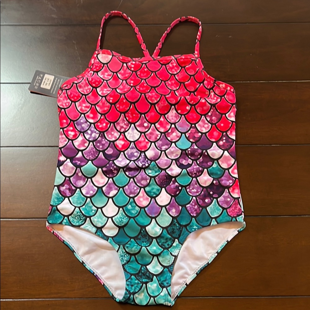 NWT Girls mermaid one piece bathing suit with adjustable straps. Size large